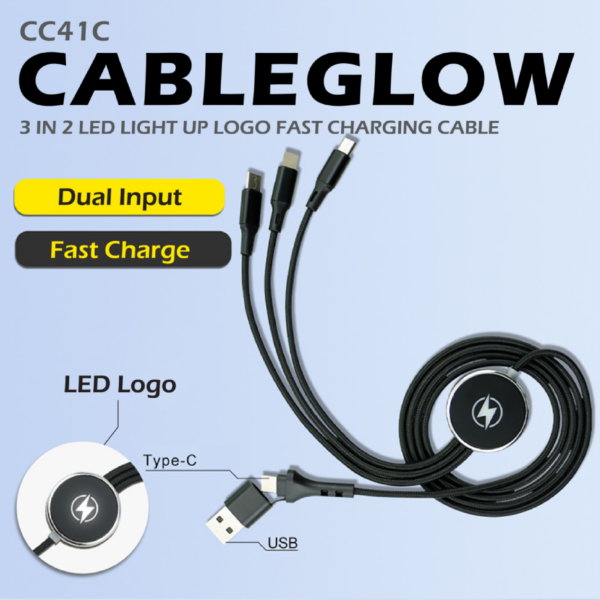 EA 096 LED LIGHT UP LOGO - 3 in 2 Dual Input (TYPE C + USB A ) - 3A Fast Charging Cable