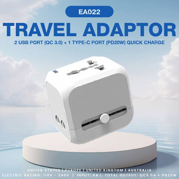 EA 022 Travel Adaptor 2 USB port (QC3.0)+ 1 TYPE-C port (PD20W) QUICK CHARG