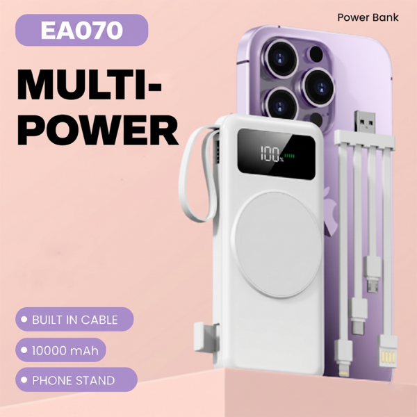 EA 070 MultiPower 10000mAh - 4x Detachable cables + 1x USB port + Wireless charging + 2x LED Torch