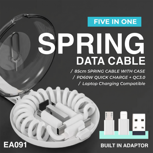 EA 091 MULTICABLE 5 IN 1 - PD60W + QC3.0 Quick Charge Spring Cable (85cm) Wtih Case
