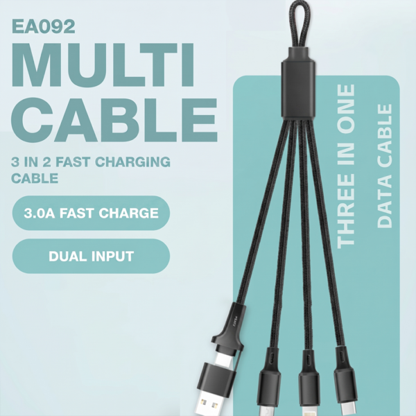 EA 092 MULTICABLE 3 IN 2 - Dual Input (TYPE C + USB A) - 3.0A Fast Charging Cable