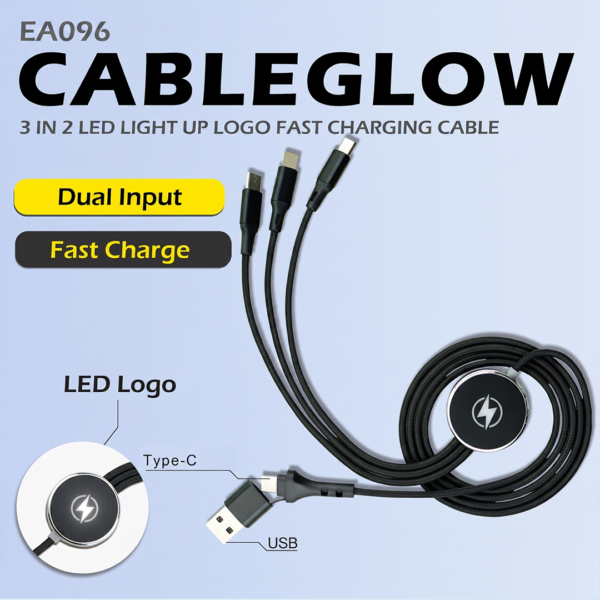 EA 096 LED LIGHT UP LOGO - 3 in 2 Dual Input (TYPE C + USB A ) - 3A Fast Charging Cable