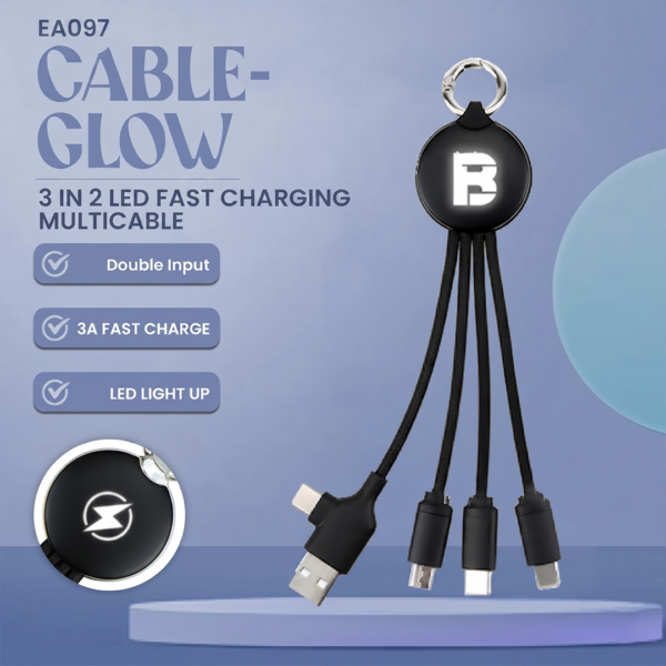 EA 097 CABLEGLOW LED LIGHT UP LOGO - 3 in 2 Dual Input (TYPE C + USB A ) - 3A Fast Charging Cable